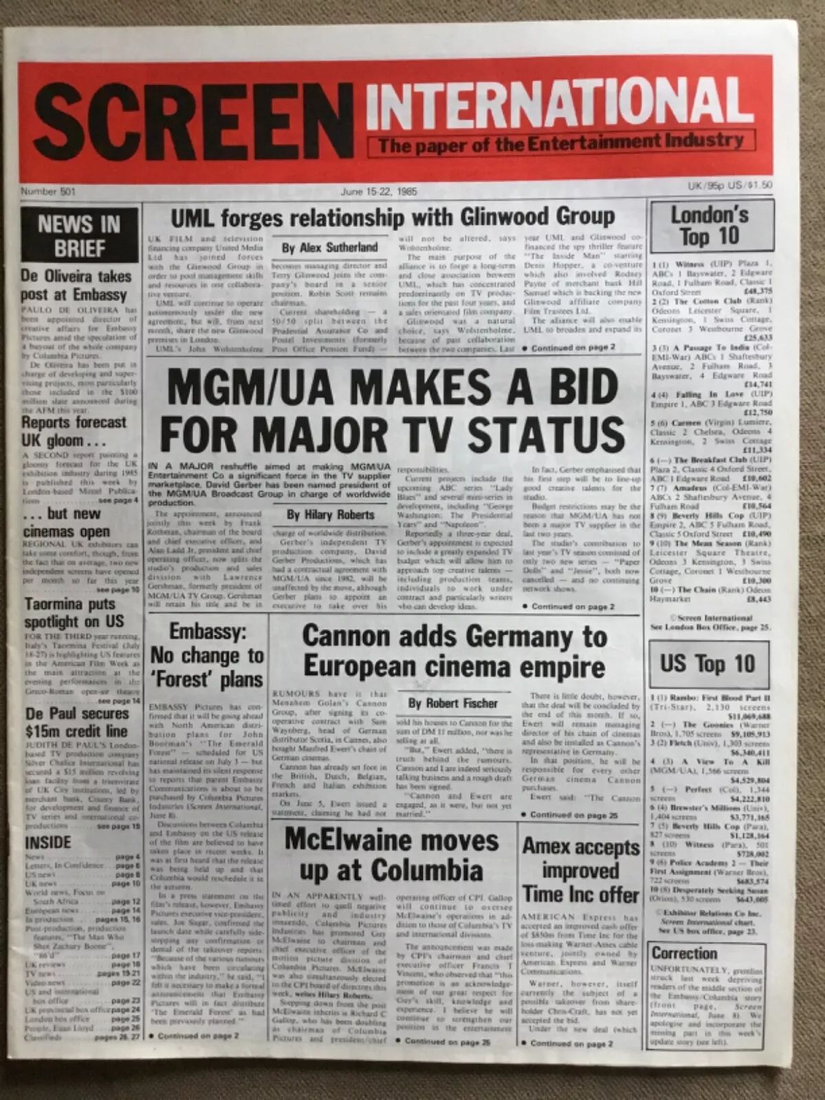 SCREEN INTERNATIONAL magazine side cover Issue 501 15 June 1985
