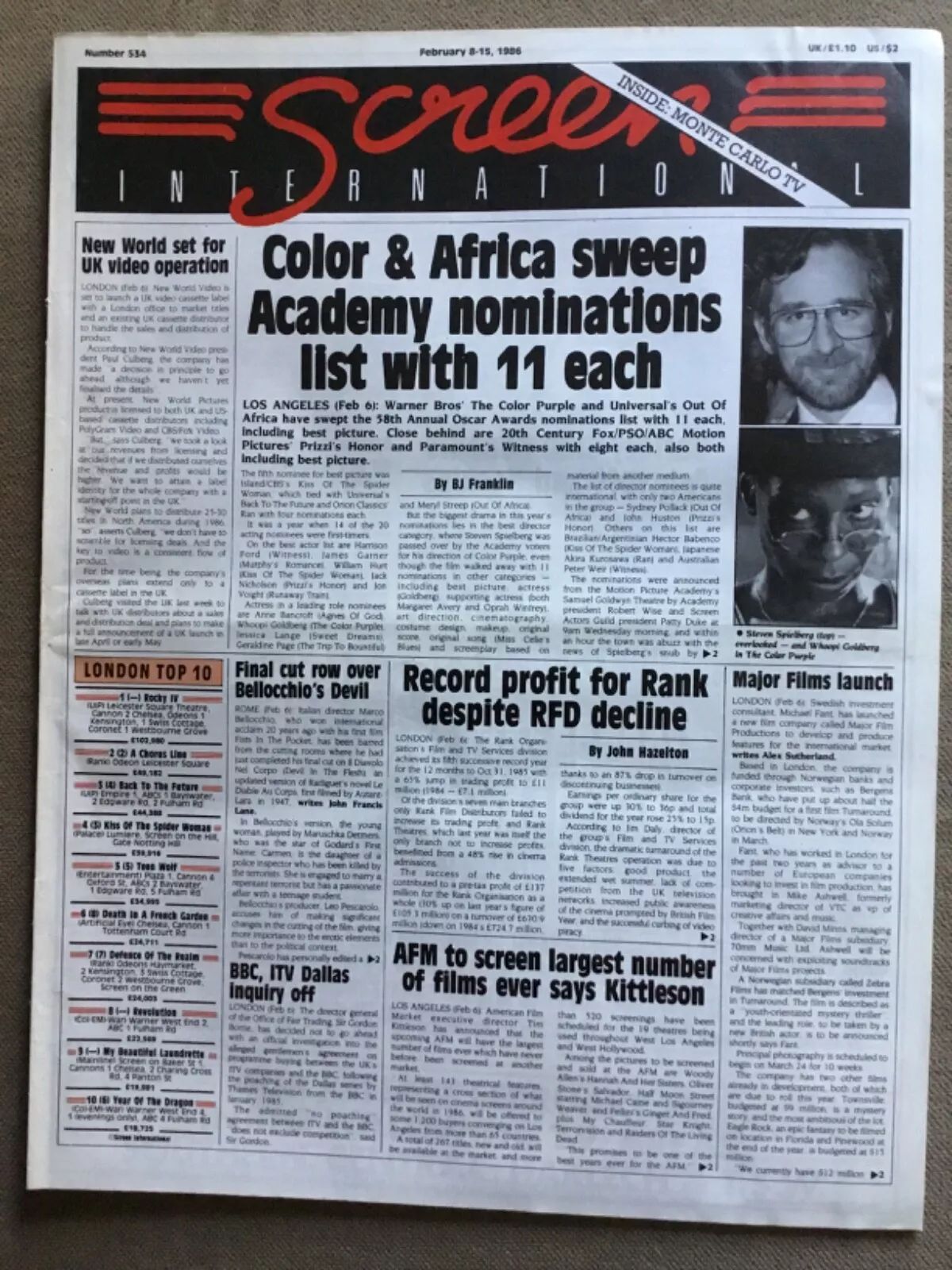 SCREEN INTERNATIONAL magazine side cover Issue 534 8 February 1986