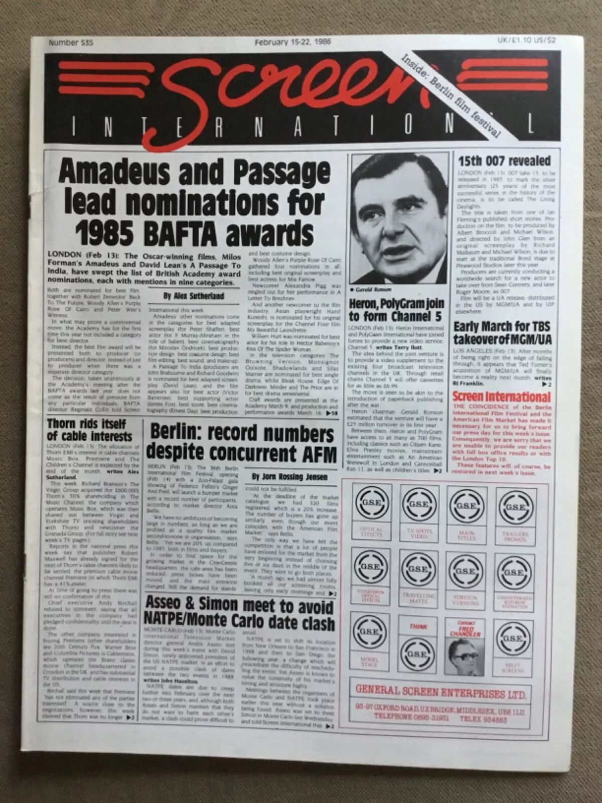 SCREEN INTERNATIONAL magazine side cover Issue 535 15 February 1986