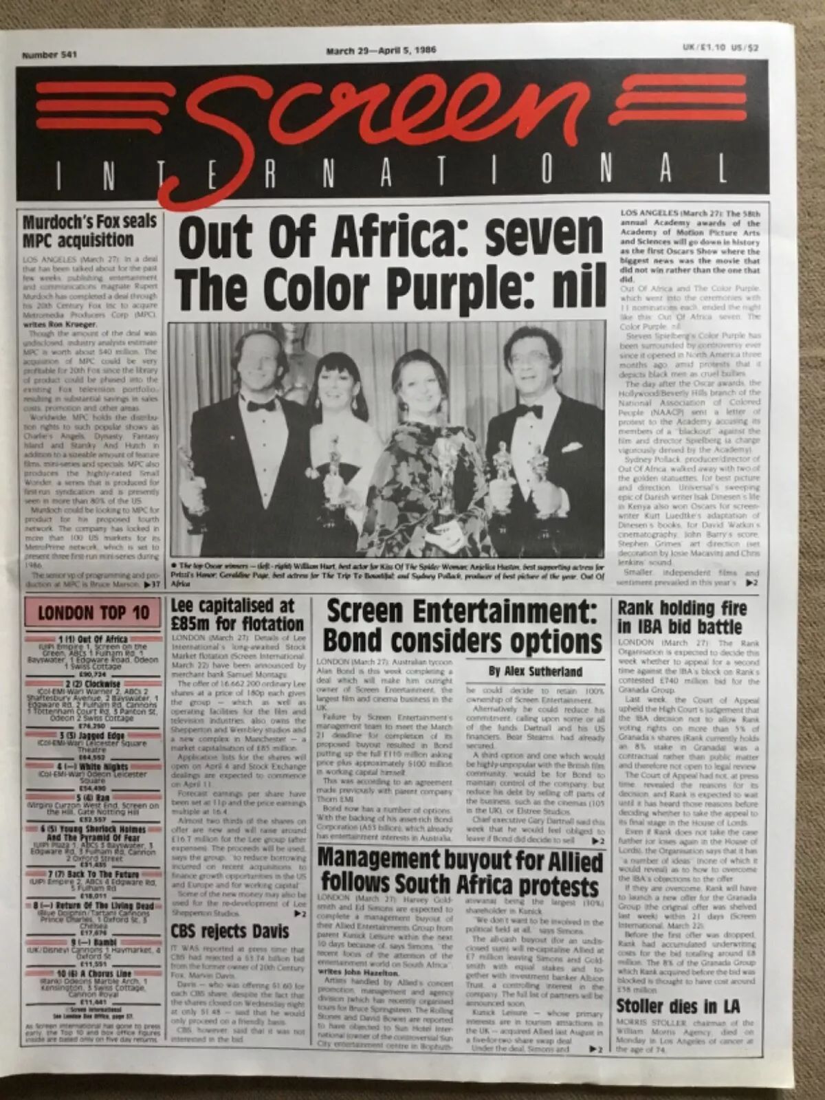 SCREEN INTERNATIONAL magazine side cover Issue 541 29 March 1986