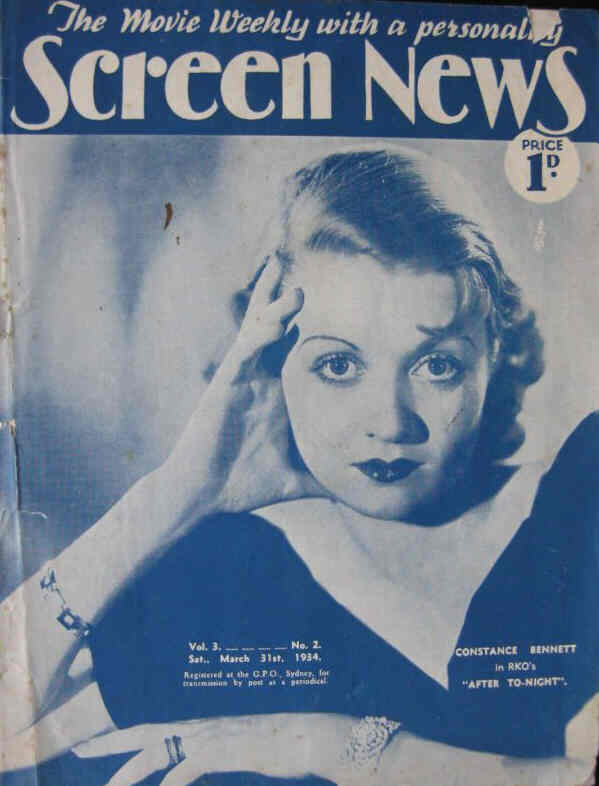 NEW SCREEN NEWS magazine side cover  Vol 3 No 2 31 March 1934