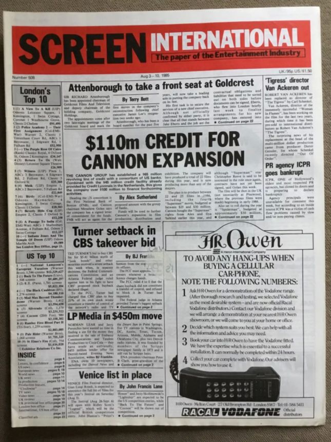 SCREEN INTERNATIONAL magazine side cover Issue 508 3 August 1985