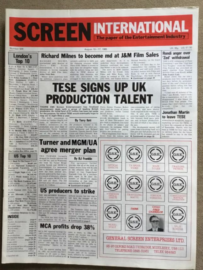 SCREEN INTERNATIONAL magazine side cover Issue 509 10 August 1985