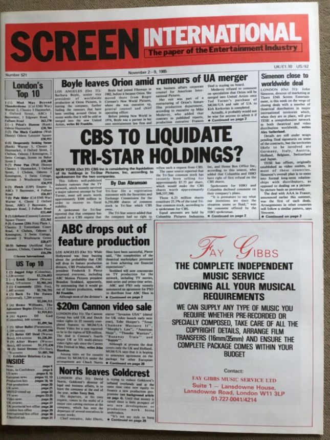 SCREEN INTERNATIONAL magazine side cover Issue 521 2 November 1985
