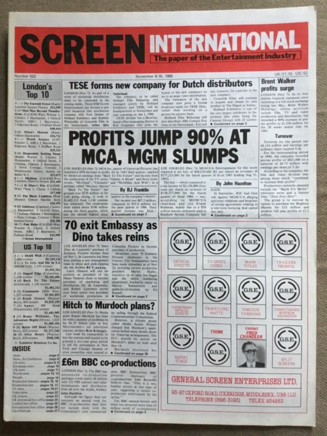 SCREEN INTERNATIONAL magazine side cover Issue 522 9 November 1985
