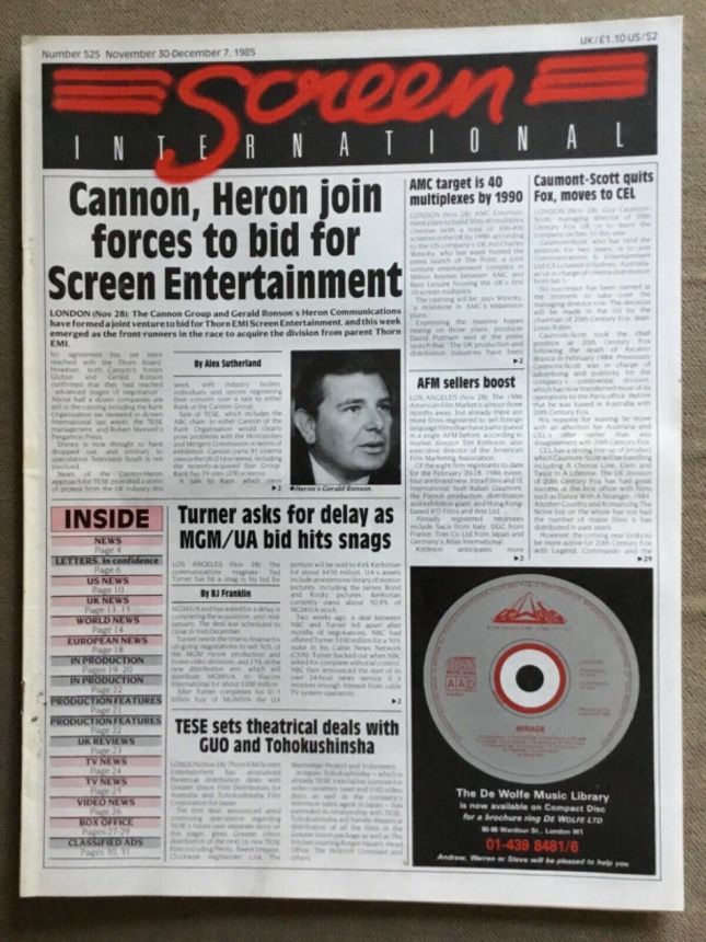 SCREEN INTERNATIONAL magazine side cover Issue 525 30 November 1985