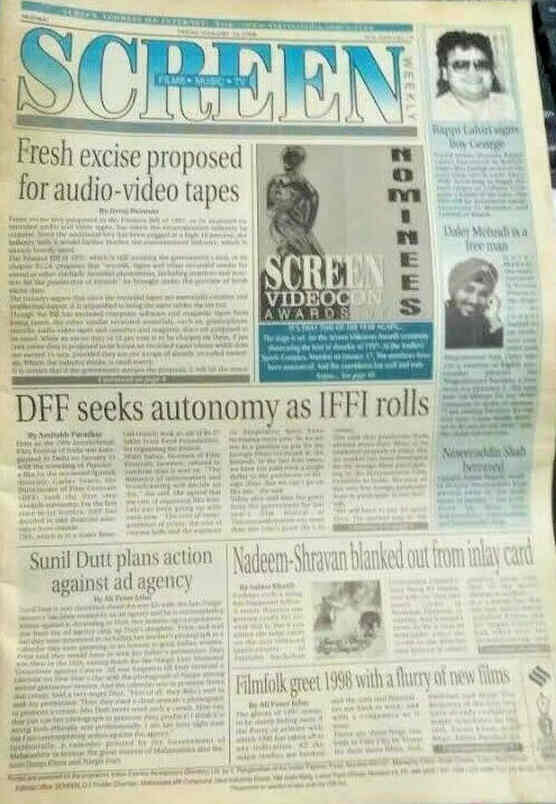 SCREEN WEEKLY (India) magazine side cover 16 January 1998