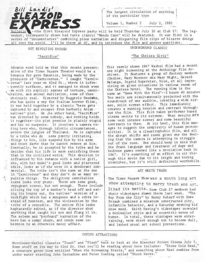 SLEAZOID EXPRESS magazine side cover Issue 2  Vol 1 # 2 2 July 1980