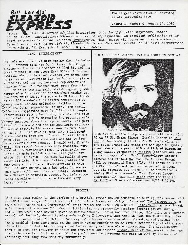 SLEAZOID EXPRESS magazine side cover Issue 5  Vol 1 No  5 13 August 1980