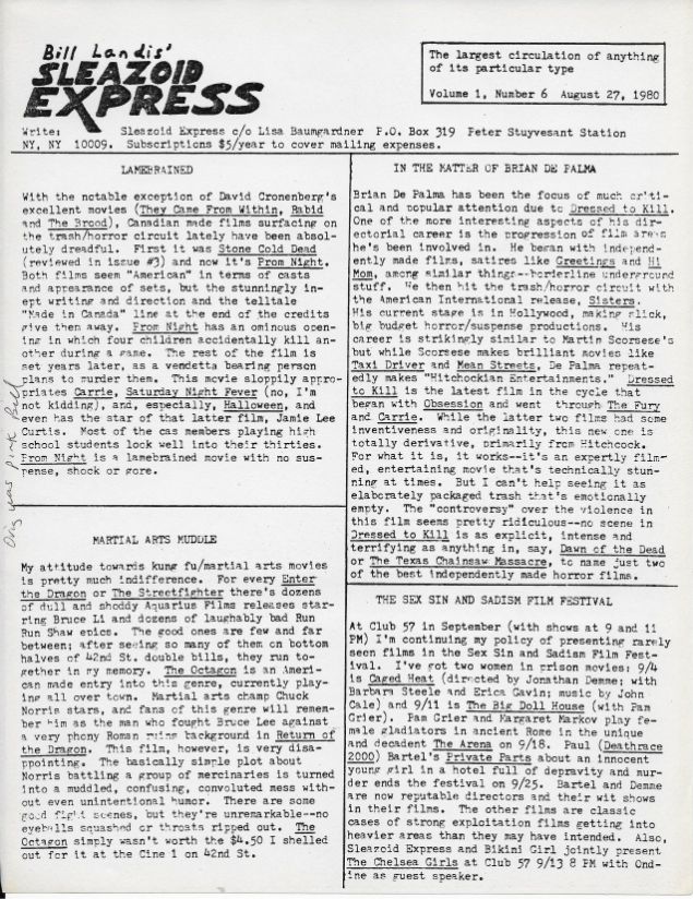 SLEAZOID EXPRESS magazine side cover Issue 6  Vol 1 No  6 27 August 1980