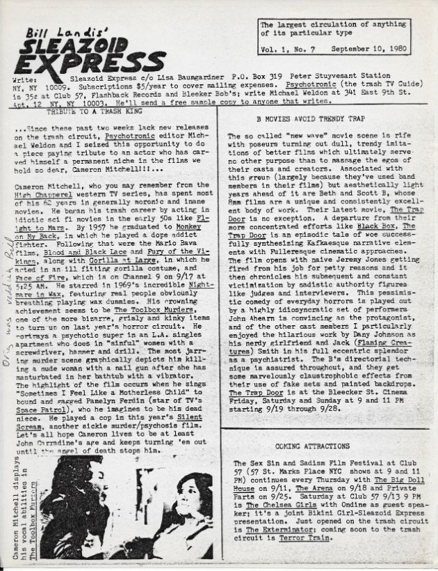 SLEAZOID EXPRESS magazine side cover Issue 7  Vol 1 No  7 10 September 1980