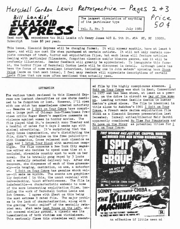 SLEAZOID EXPRESS magazine side cover  Vol 2 No  3  July 1981