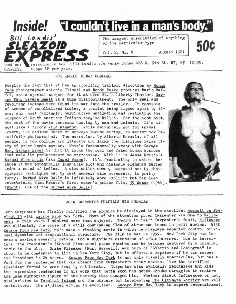 SLEAZOID EXPRESS magazine side cover  Vol 2 No  4  August 1981