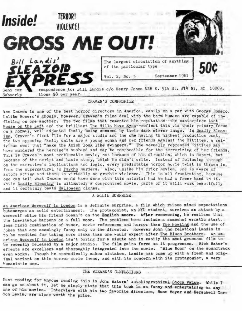 SLEAZOID EXPRESS magazine side cover  Vol 2 No  5  September 1981