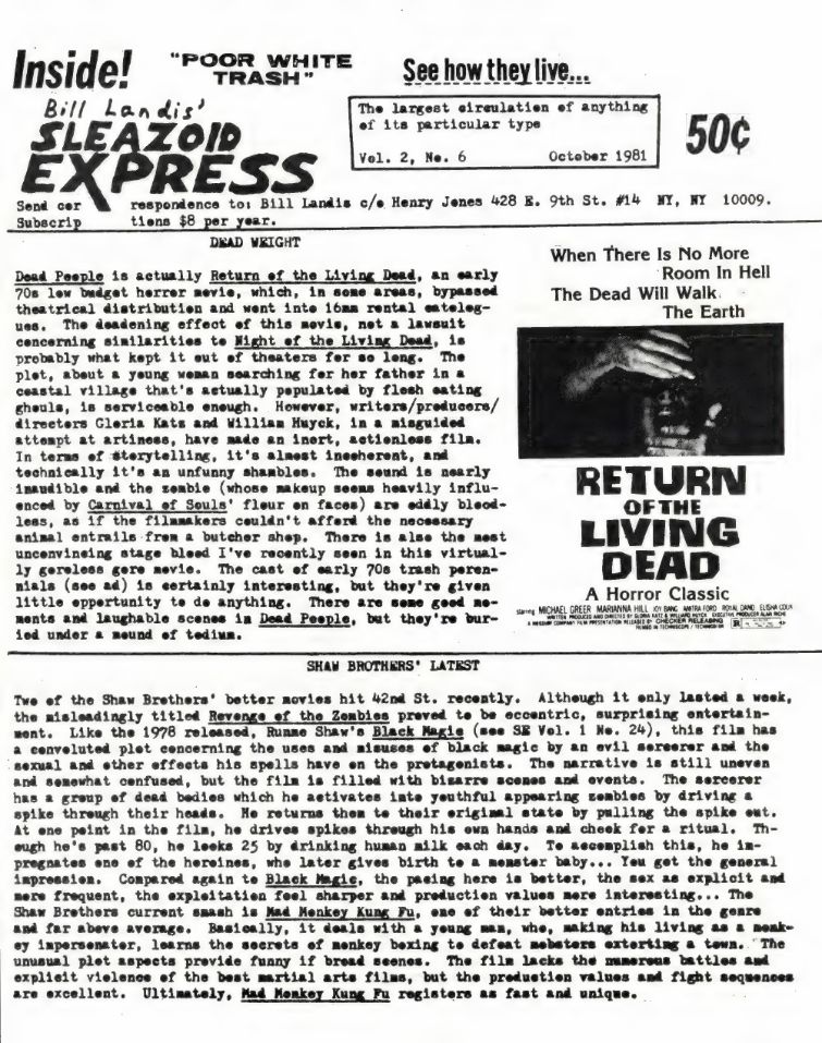 SLEAZOID EXPRESS magazine side cover  Vol 2 No  6  October 1981