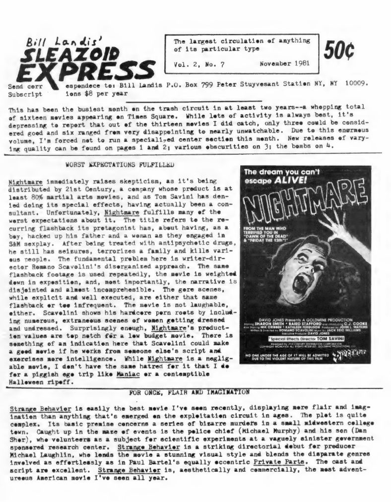 SLEAZOID EXPRESS magazine side cover  Vol 2 No  7  November 1981