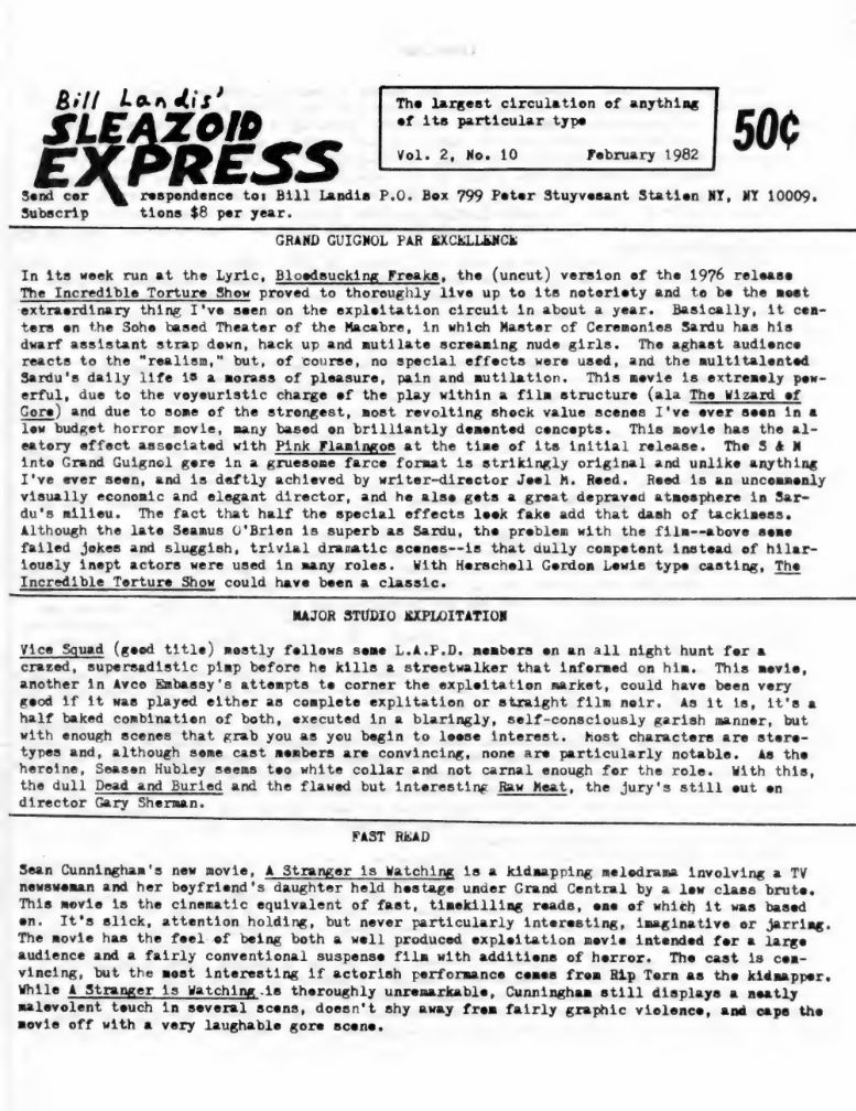 SLEAZOID EXPRESS magazine side cover  Vol 2 No  10  February 1982