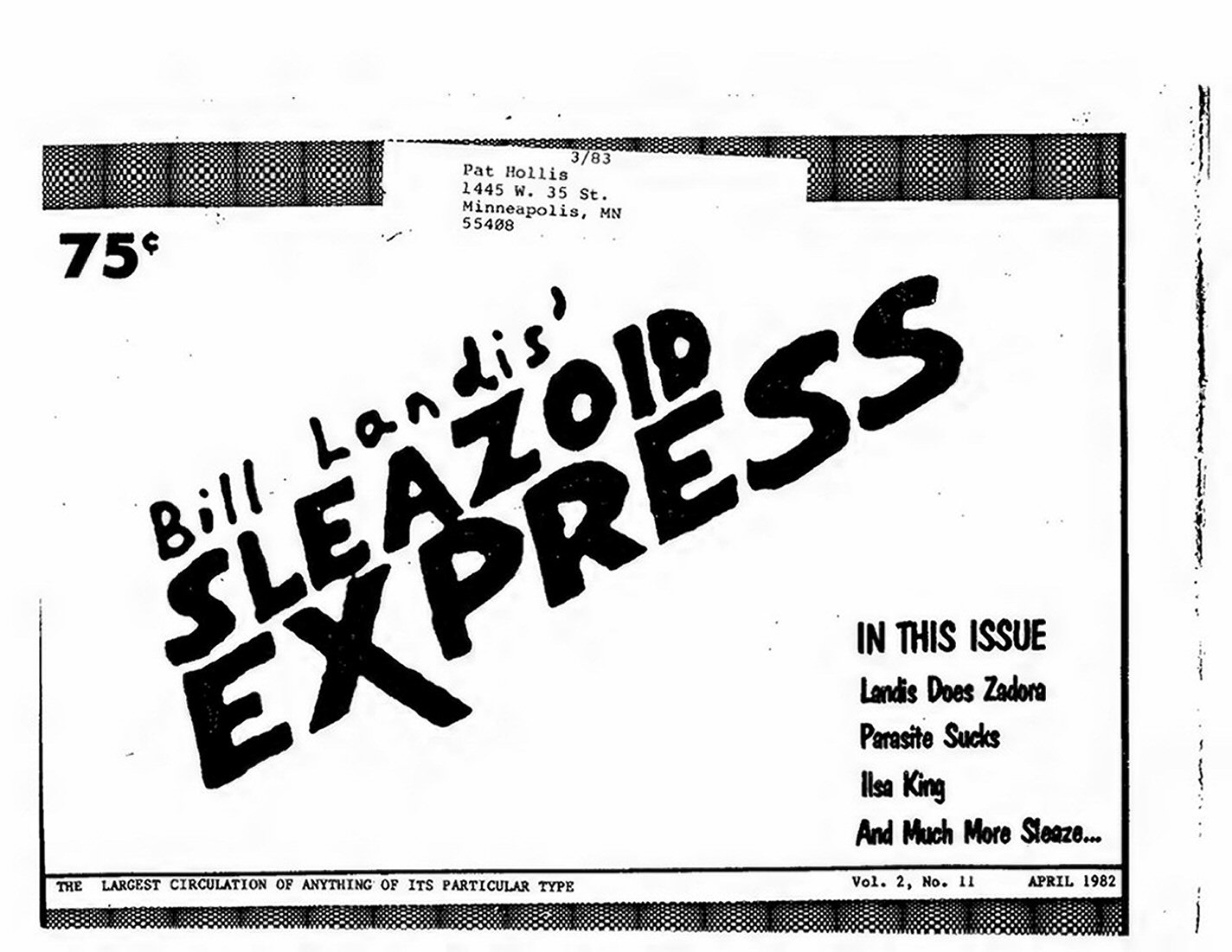 SLEAZOID EXPRESS magazine side cover  Vol 2 No  11  April 1982