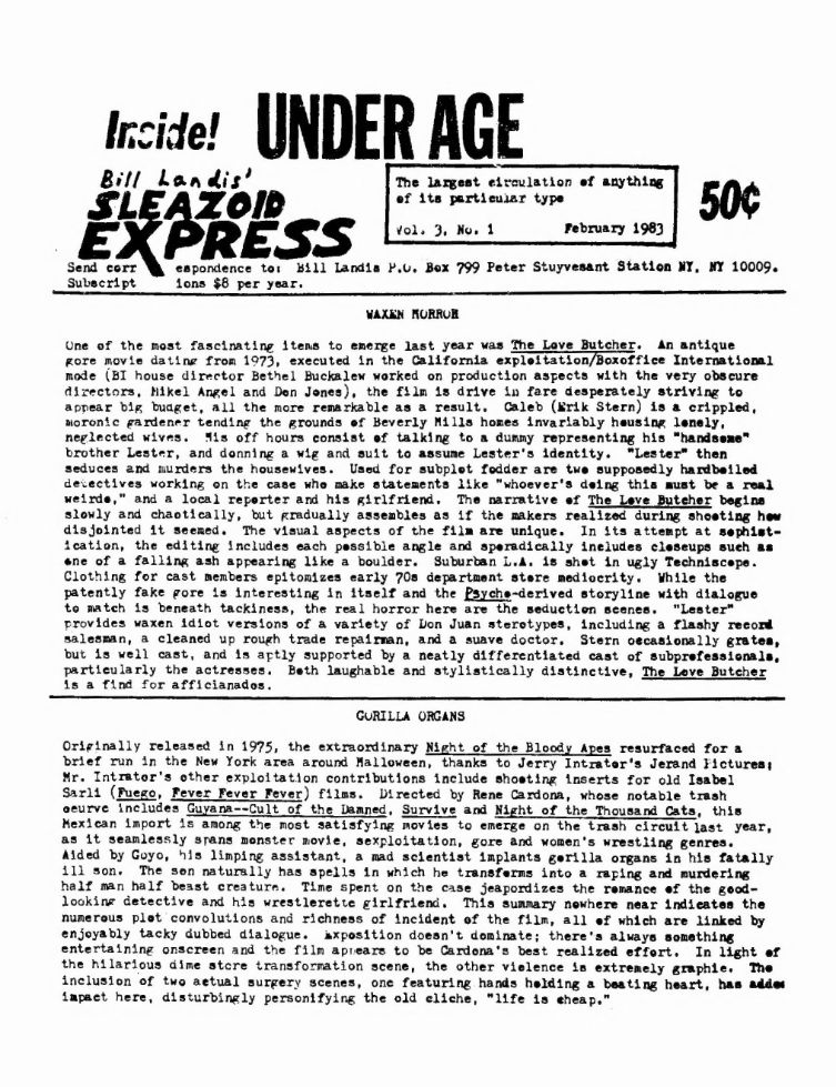 SLEAZOID EXPRESS magazine side cover  Vol 3 No  1  February 1983