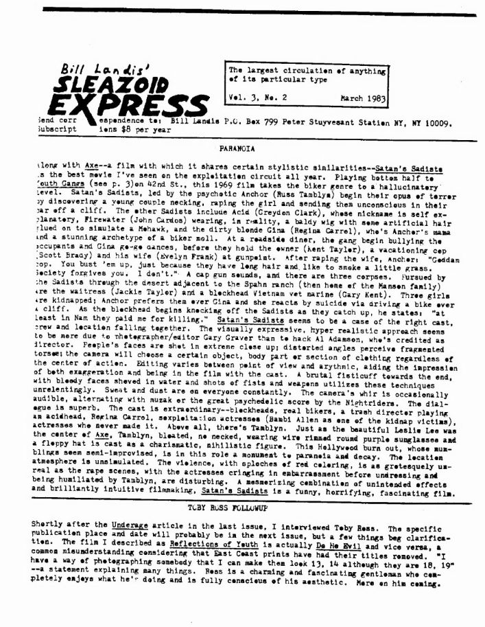 SLEAZOID EXPRESS magazine side cover  Vol 3 No  2  March 1983