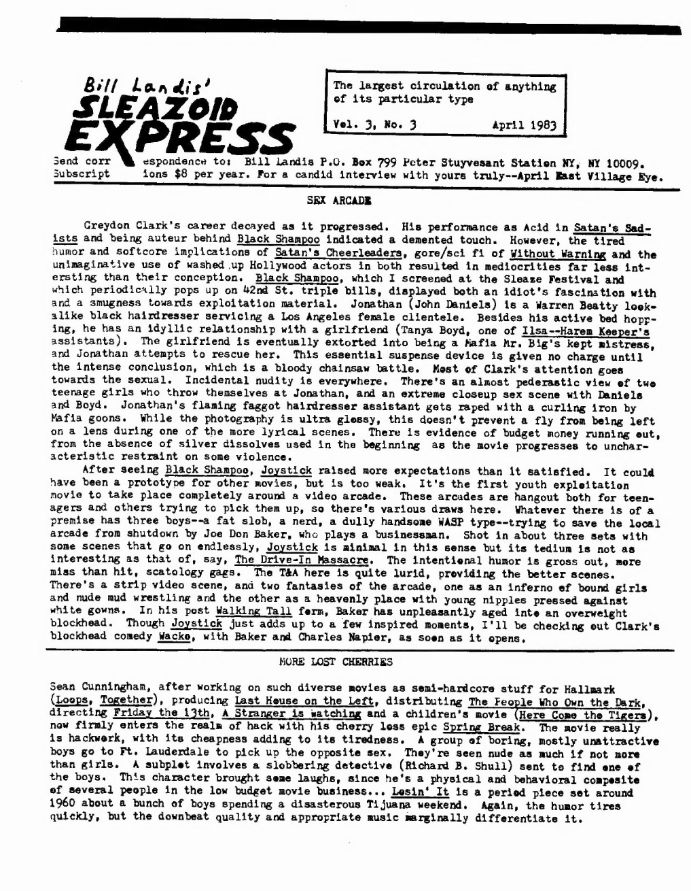SLEAZOID EXPRESS magazine side cover  Vol 3 No  3  April 1983