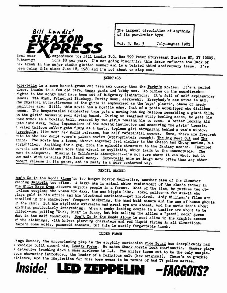 SLEAZOID EXPRESS magazine side cover  Vol 3 No  5  July/August 1983