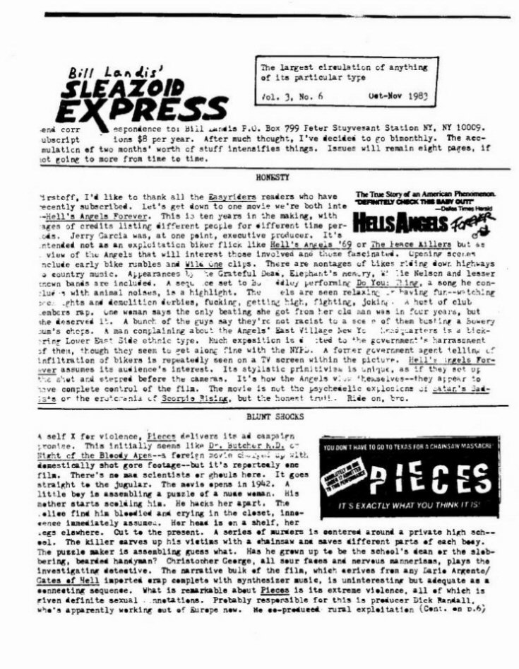 SLEAZOID EXPRESS magazine side cover  Vol 3 No  6  October/November 1983