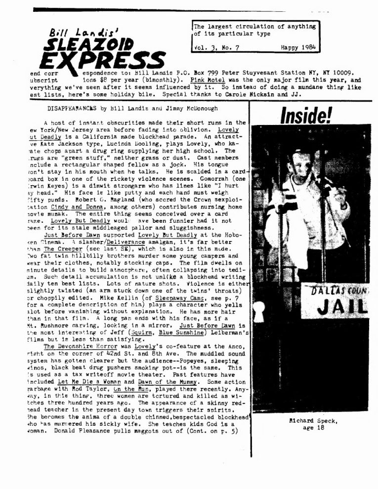 SLEAZOID EXPRESS magazine side cover  Vol 3 No  7   1984