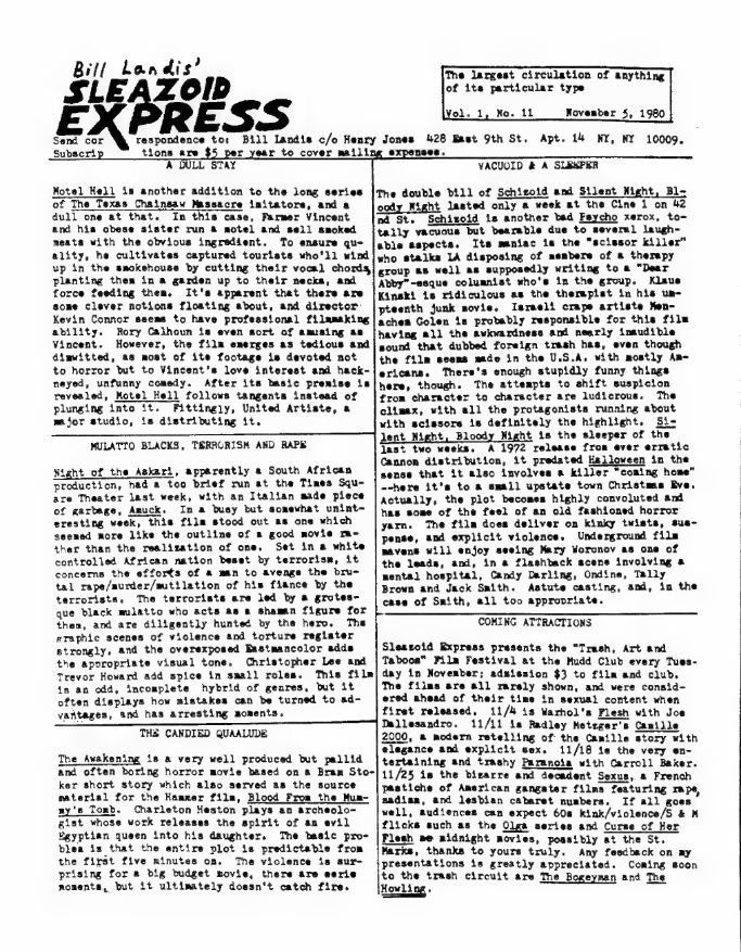 SLEAZOID EXPRESS magazine side cover Issue 11  Vol 1 No  11 5 November 1980