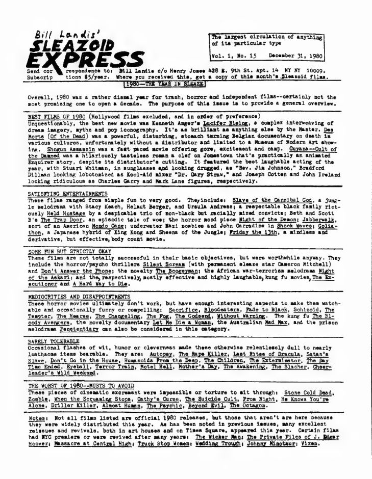 SLEAZOID EXPRESS magazine side cover Issue 15  Vol 1 No  15 31 December 1980