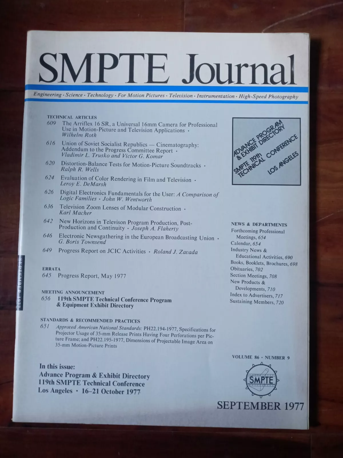 SMPTE MOTION IMAGING JOURNAL magazine side cover  September 1977