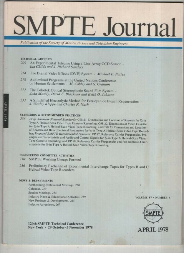 SMPTE MOTION IMAGING JOURNAL magazine side cover  April 1978