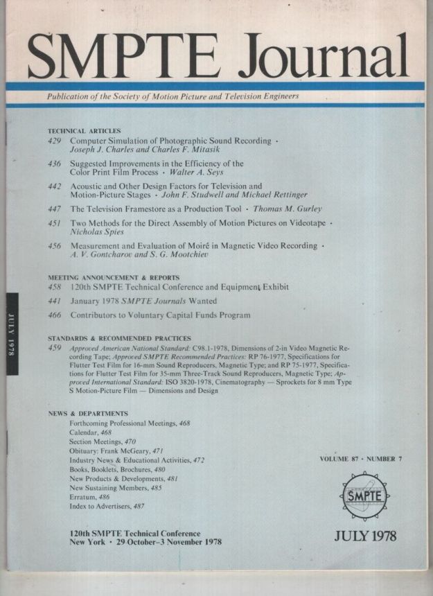 SMPTE MOTION IMAGING JOURNAL magazine side cover  July 1978
