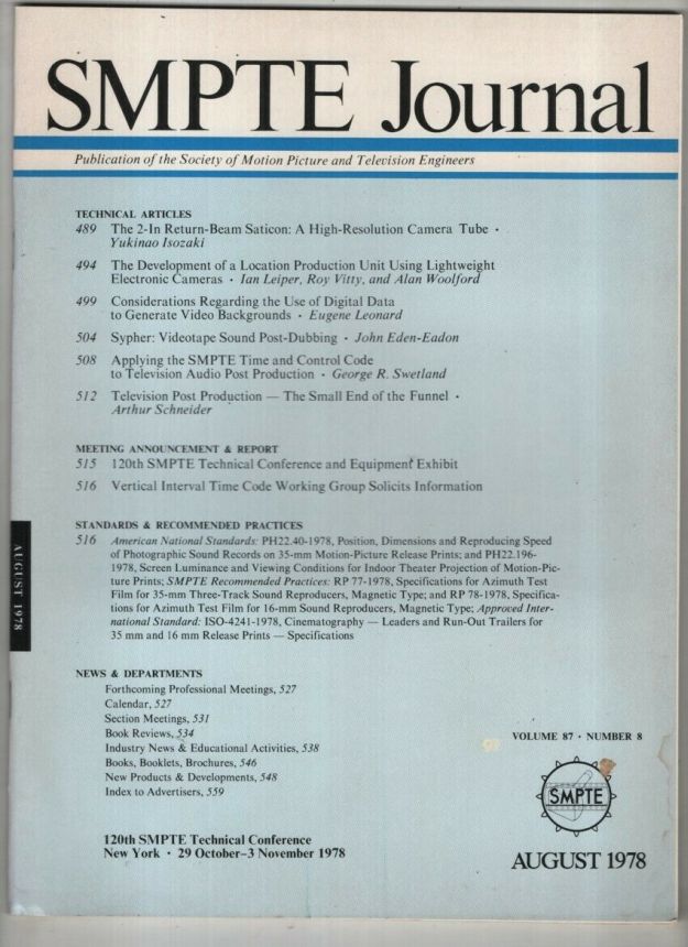 SMPTE MOTION IMAGING JOURNAL magazine cover  August 1978
