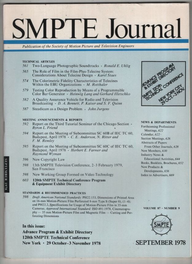 SMPTE MOTION IMAGING JOURNAL magazine side cover  September 1978