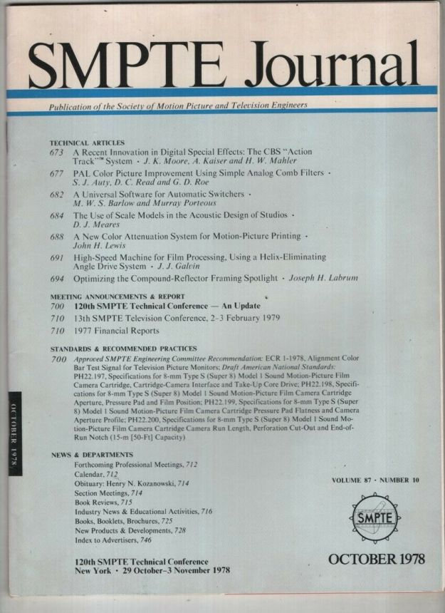 SMPTE MOTION IMAGING JOURNAL magazine side cover  October 1978