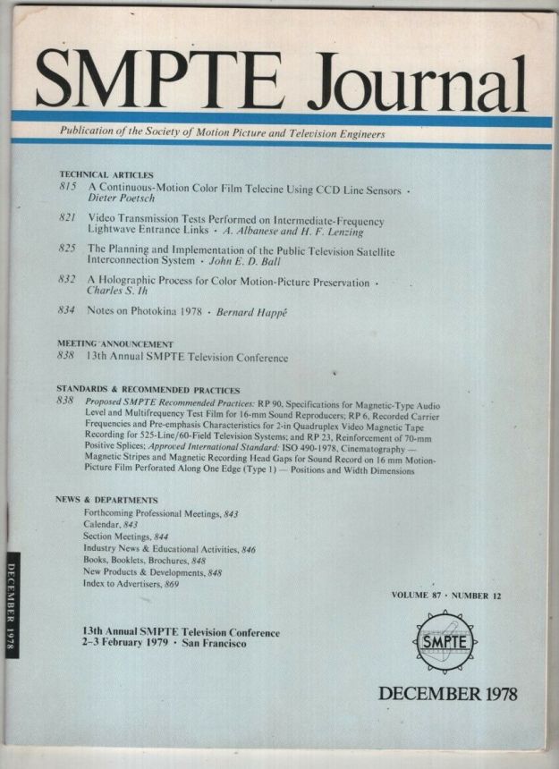 SMPTE MOTION IMAGING JOURNAL magazine cover  December 1978