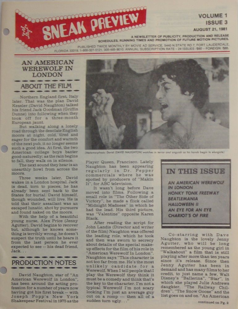 SNEAK PREVIEW magazine side cover Vol 1# 3 - 21 August 1981