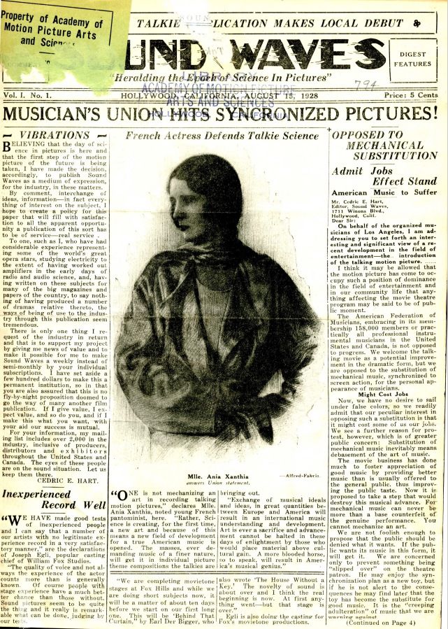 SOUND WAVES magazine side cover  Vol 1 No 1 15 August 1928
