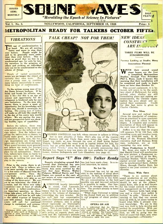 SOUND WAVES magazine side cover  Vol 1 No 3 15 September 1928