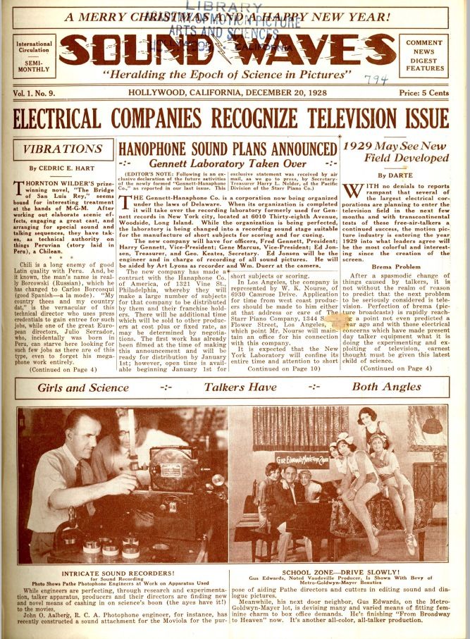 SOUND WAVES magazine side cover  Vol 1 No 9 20 December 1928