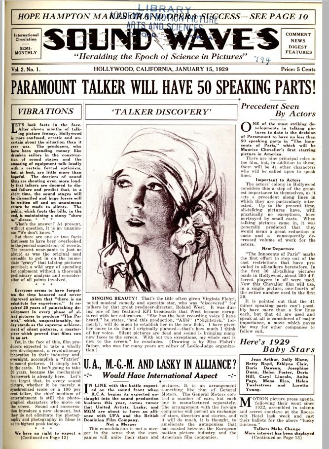 SOUND WAVES magazine side cover  Vol 2 No 1 1 January 1929