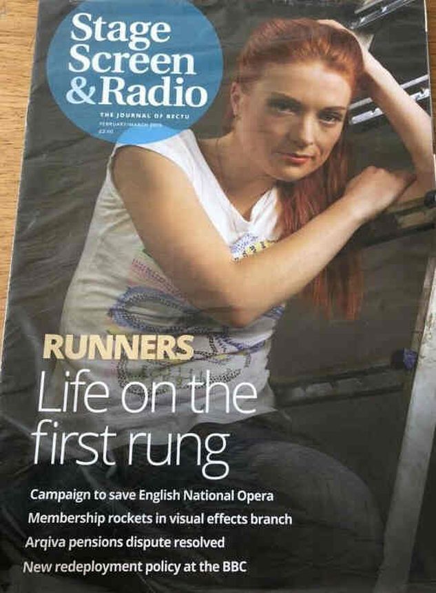 STAGE SCREEN AND RADIO magazine side cover  February 2016