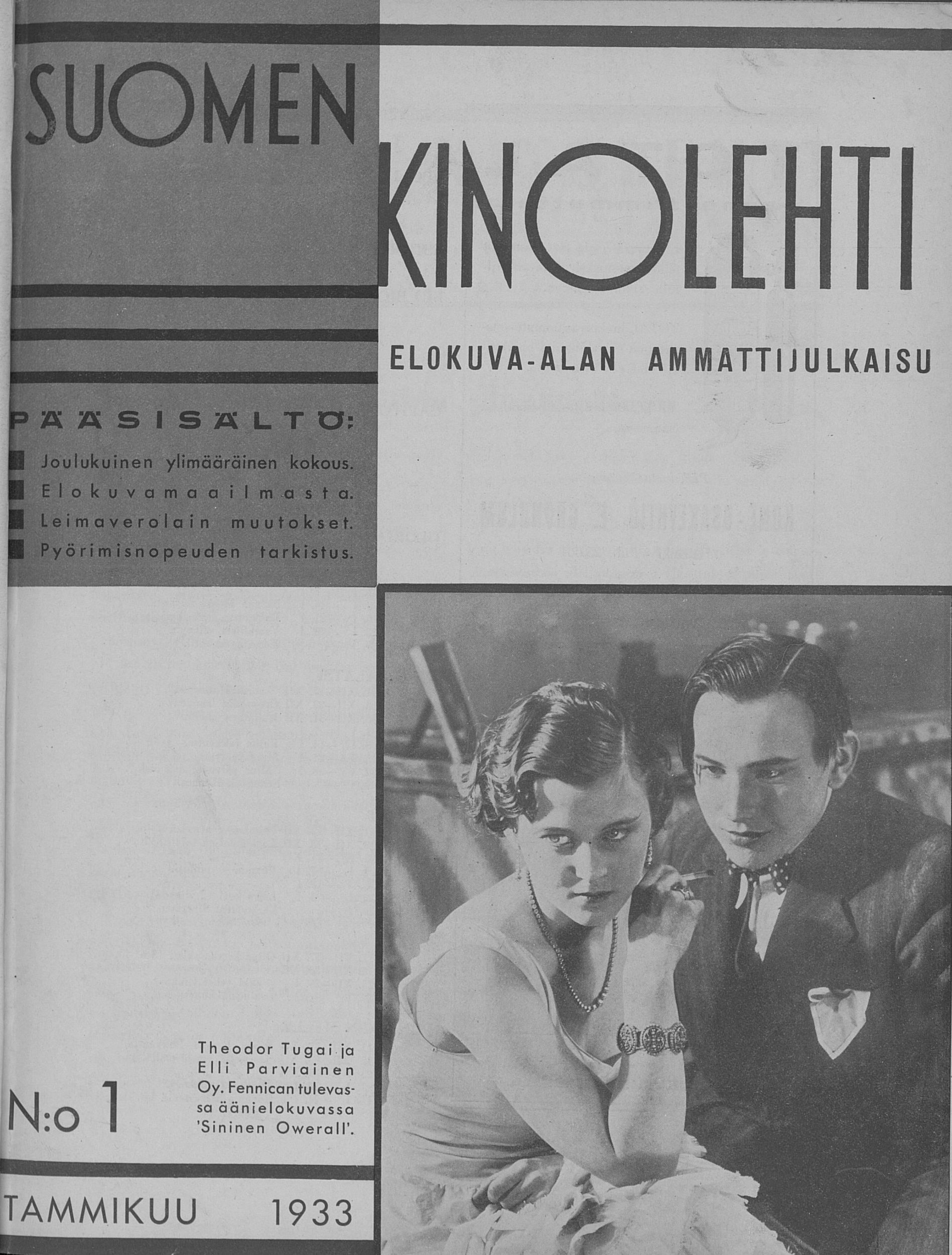 SUOMEN KINOLEHTI magazine side cover Issue 1 1 January 1933