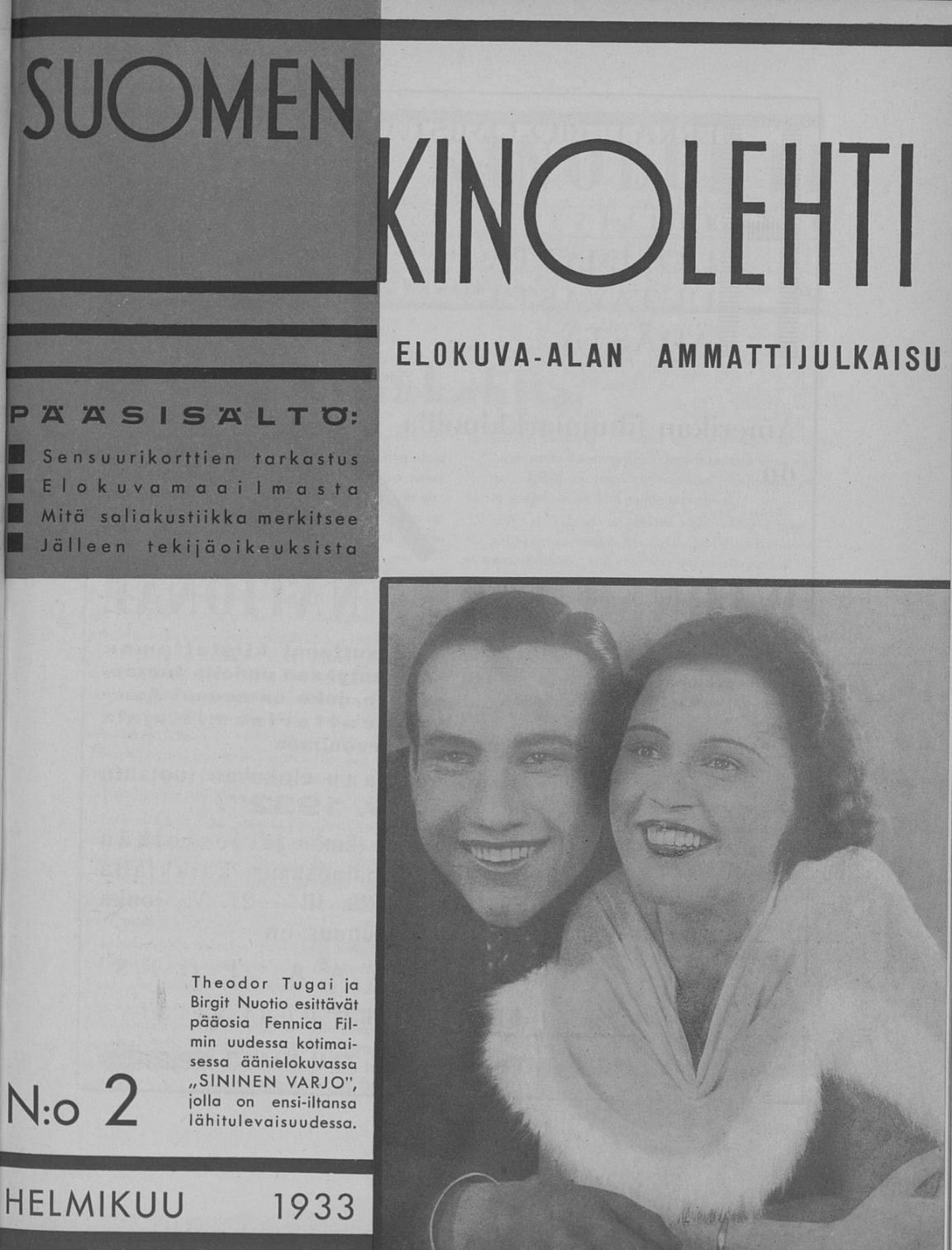 SUOMEN KINOLEHTI magazine side cover Issue 2  February 1933
