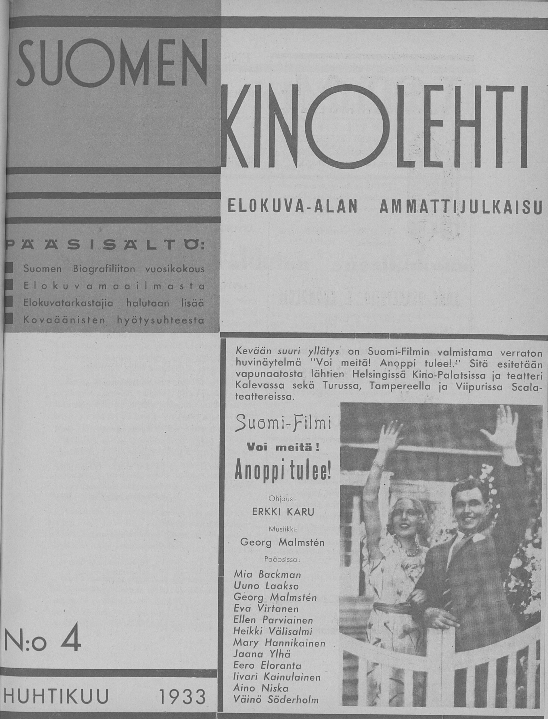 SUOMEN KINOLEHTI magazine side cover Issue 4 1 April 1933