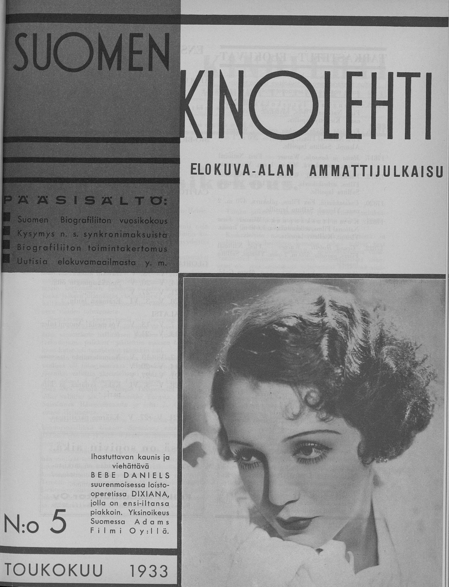 SUOMEN KINOLEHTI magazine side cover Issue 5 1 May 1933