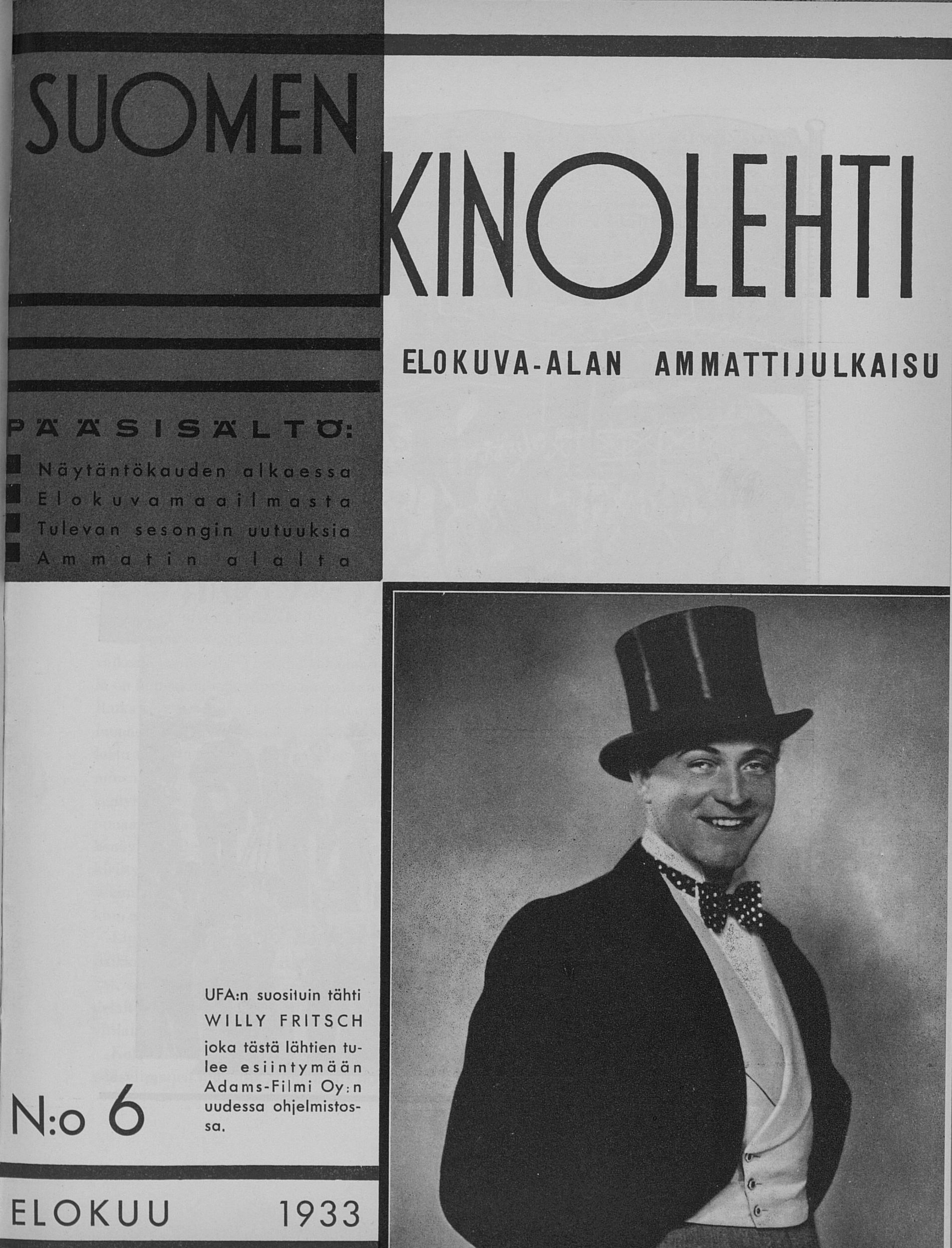 SUOMEN KINOLEHTI magazine side cover Issue 6 1 August 1933