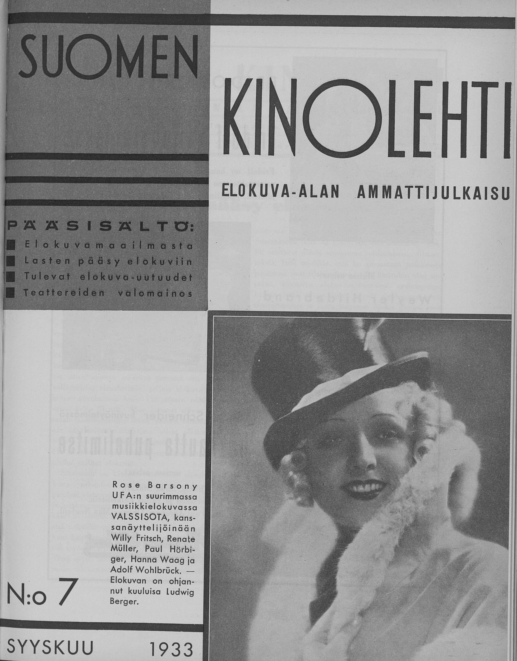 SUOMEN KINOLEHTI magazine side cover Issue 7 1 September 1933
