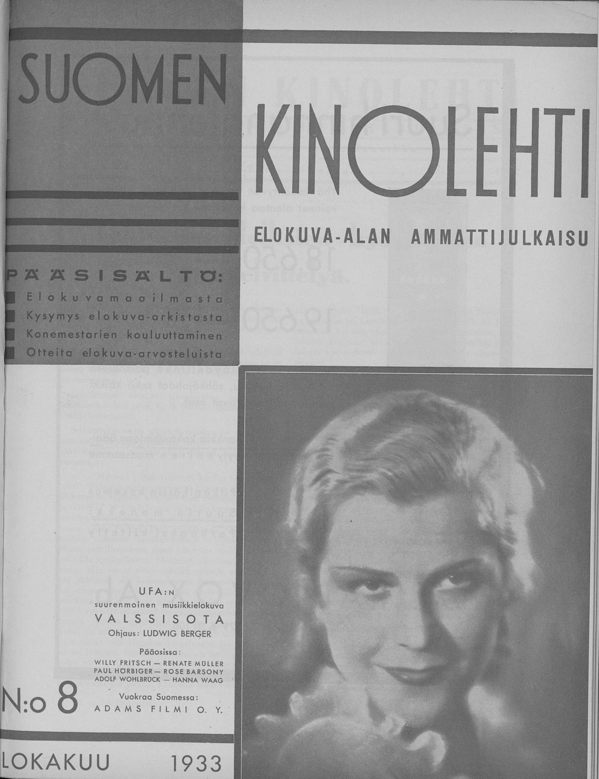 SUOMEN KINOLEHTI magazine side cover Issue 8 1 October 1933